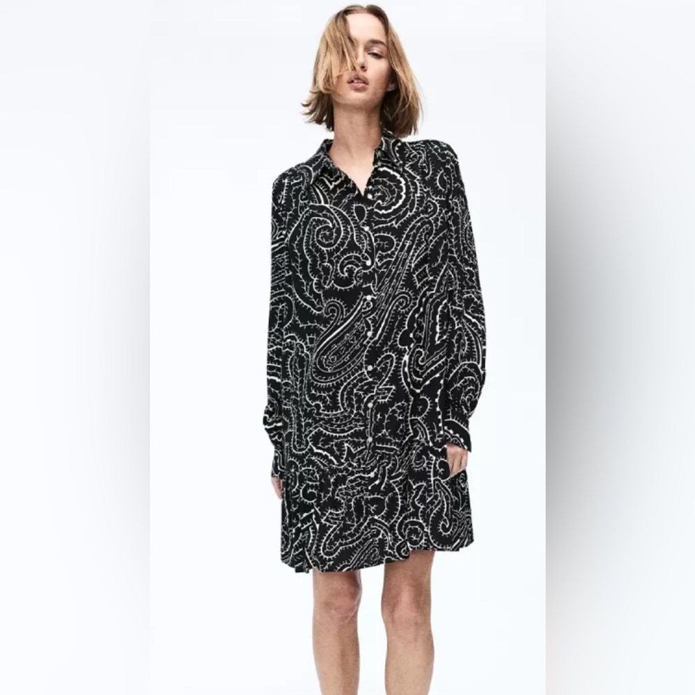 H&M Oversized Shirt Dress Black and White 100% Viscose Size Large New With Tags